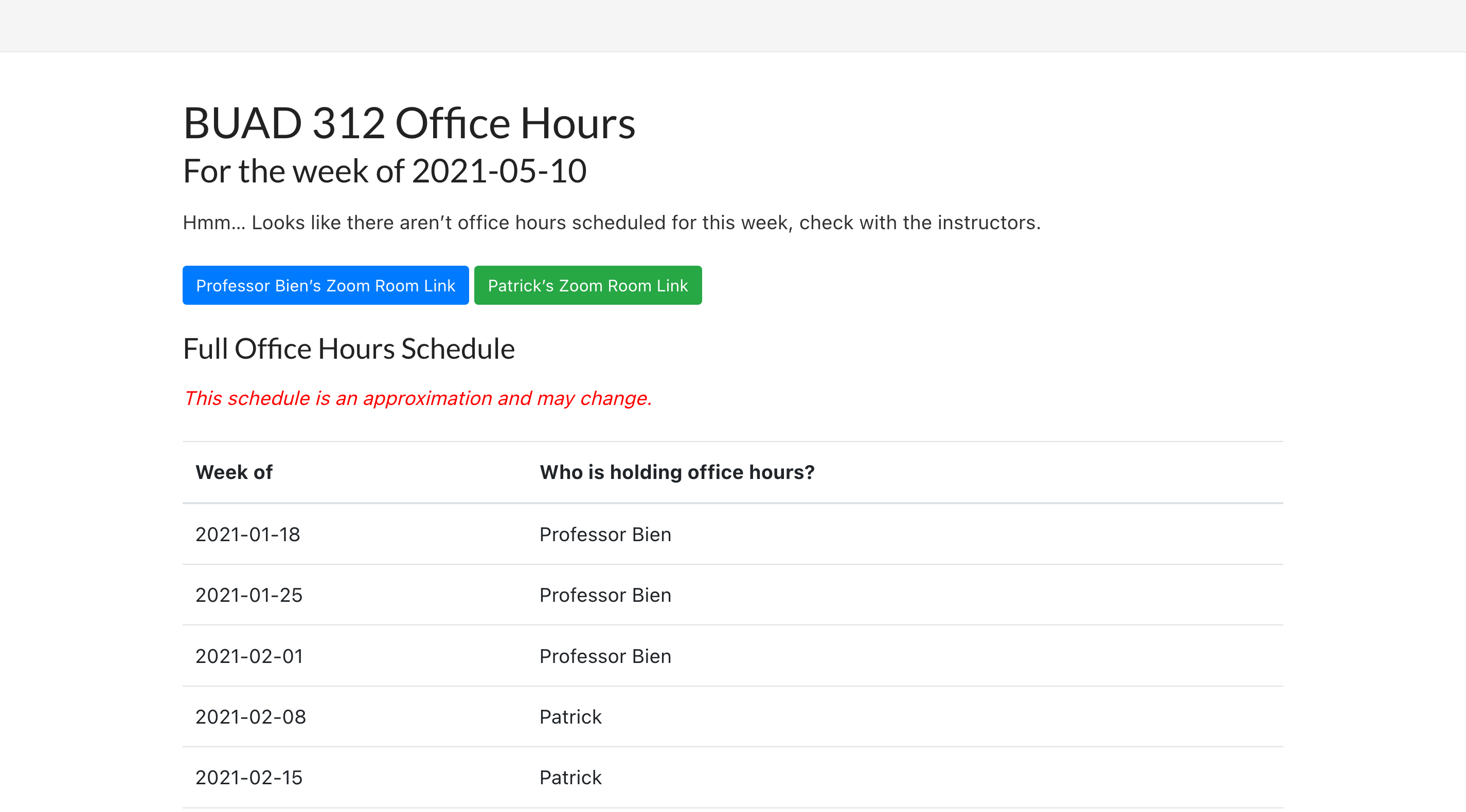 screenshot of office hours page page